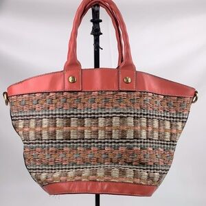 Patricia Nash Leather Woven Tote Bag Coral Tan Gold Zip Soft lined pockets